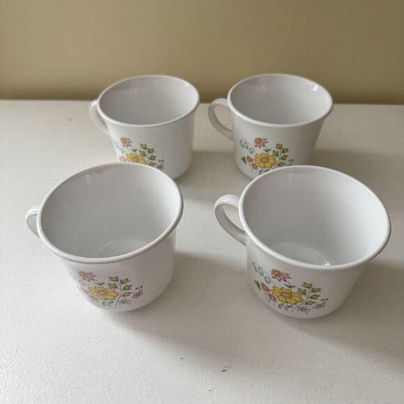 4 Corning Ware Corelle Spring Meadow White Coffee Tea Cups 8oz Yellow Pink - Picture 2 of 4